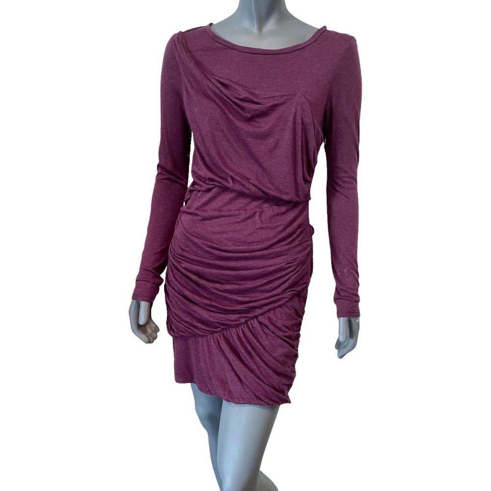 Heather Bordeaux Draped Ruched Bubble Hem Mini Dress Long Sleeve Purple Size M - Picture 4 of 11